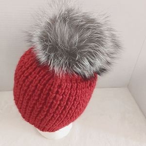 Kyi kyi Canada Classic Genuine Fox Faux Fur Pom Women Beanie Color Red one size